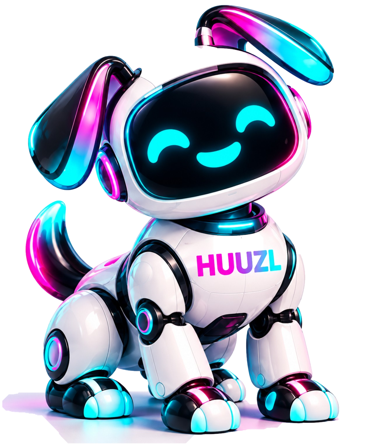 HUUZL's friendly white robo-dog AI assistant with a cyan smile and pink-and-cyan accents